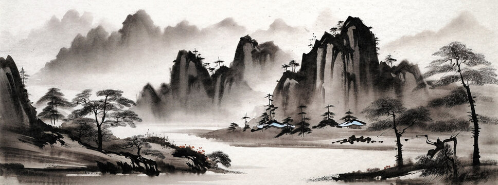Mountain Range with Lake in Sumi-e Style - generative ai