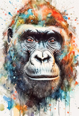 Multicolored ink wash painting of a gorilla head, AI, Generative, Generative AI