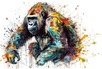 Multicolored ink wash painting of a full body gorilla walking, AI, Generative, Generative AI