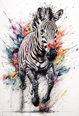 Multicolored ink wash painting of a front view zebra running, AI, Generative, Generative AI