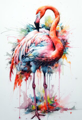 Multicolored ink wash painting of a full body flamingo standing, AI, Generative, Generative AI