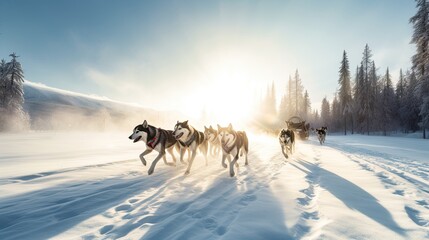 Fototapeta na wymiar A team of sled dogs pulling a sled across the snowy landscape. Generative AI