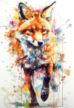 Multicolored ink wash painting of a front view fox walking, AI, Generative, Generative AI