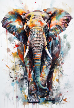 Multicolored ink wash painting of a front view elephant standing, AI, Generative, Generative AI