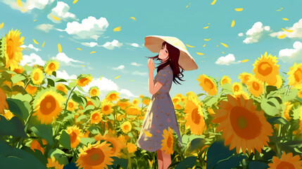 Anime Girl in a Dreamy Sunflower Field with an Asian Style Hat, generative ai