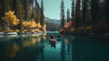 Foto op Canvas Person in a canoe,  kayaking on a tranquil lake surrounded by trees. Generative AI © Mockup Station