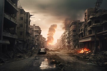 Artistic depiction of city destroyed by nuclear bomb explosion. Generative AI