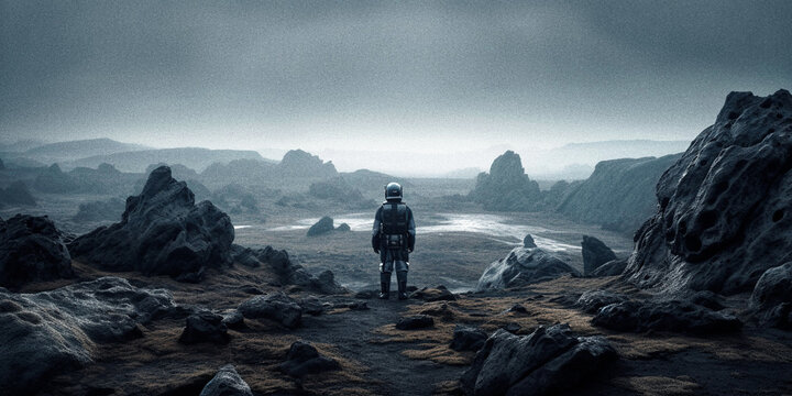 A Cosmonaut Facing an Alien Landscape with Strange Rock Formations - generative ai