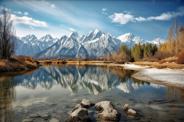 Fototapeta na wymiar Mountain range reflecting in a lake, sunny day - generative ai