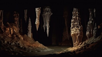 An ancient cave with stalactites and stalagmites. Generative AI