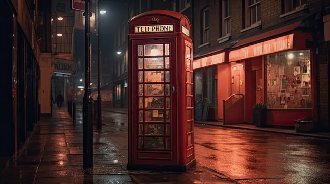 An old-fashioned British phone booth on a busy street. Generative AI