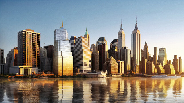 New York City on a summer afternoon, Manhattan reflecting in the river - generative ai