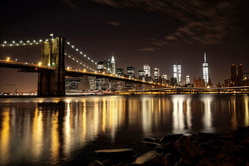 Fototapeta na wymiar Night View of Brooklyn Bridge - generative ai