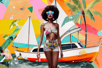 Generative AI illustration of calm African American woman with Afro hairstyle wearing sunglasses standing near a bot and palm trees against colorful background representing summer concept