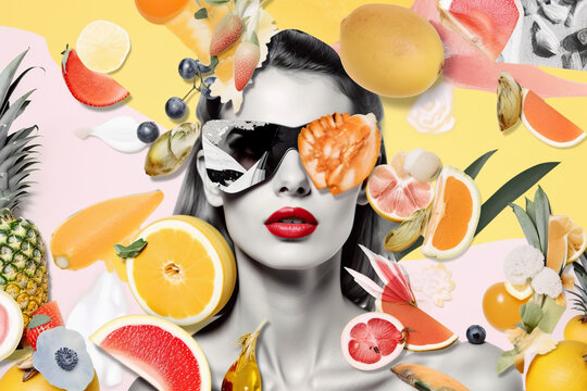 Generative AI selective color picture of gorgeous young woman with red lips in trendy sunglasses against yellow background with levitating assorted tropical fruits