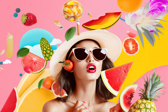 Generative AI illustration of confident young female model with long brown hair in trendy straw hat and sunglasses amidst topical fruits