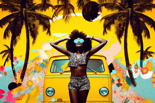 Generative AI illustration of stylish African American woman in sunglasses touching Afro hairstyle against vintage yellow van and palm trees on colorful background representing summer concept