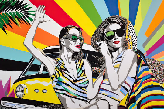Generative AI illustration with pop art design of cheerful women in sunglasses against colorful background with geometric lines and bright van representing summer concept