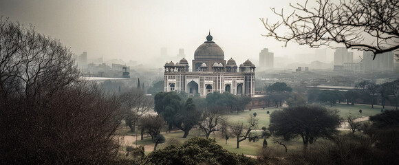 Fototapeta na wymiar Beautiful misty cityscape of New Delhi with low-angled light - generative ai