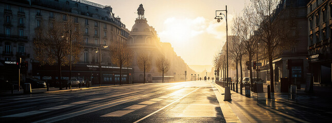 View of a wide Parisian avenue during golden hour with the sun in front - generative ai - obrazy, fototapety, plakaty