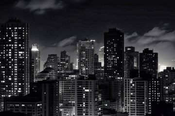 Nighttime city skyline photograph, in black and white, in the style of a major American metropolis - generative ai