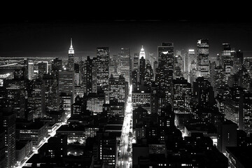 Nighttime city skyline photograph, in black and white, in the style of a major American metropolis - generative ai