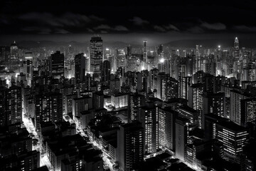 Nighttime city skyline photograph, in black and white, in the style of a major American metropolis - generative ai