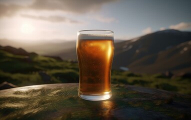 A glass of lager beer on a table on an England hills background light beer illustration Generative AI