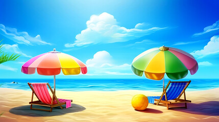 Vibrant Holiday Summer Beach with Sunloungers and Parasols, generative ai