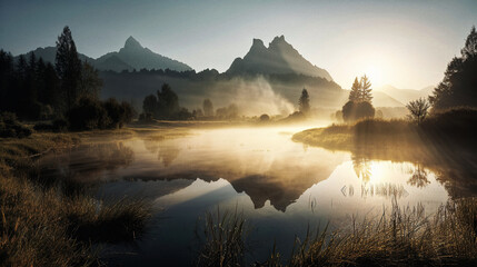  stunning mountain reflection on lake - generative ai
