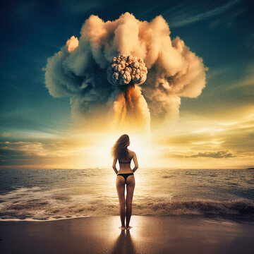 A young woman in a sexy monokini facing the ocean and a nuclear explosion - generative ai
