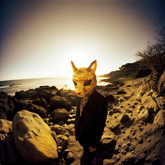  Elegant Man Wearing Animal Mask on Rocky Beach in Vintage Style Photo at Golden Hour - generative ai
