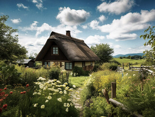 Fototapeta na wymiar Rural House in Tranquil Countryside - generative AI