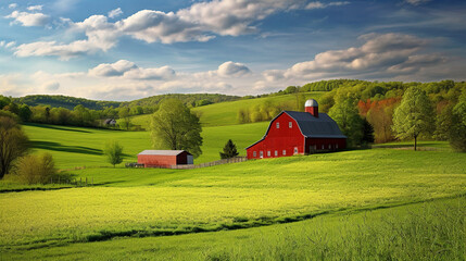 Idyllic Red Farm Scene Amidst Rolling Green Hills - generative AI
