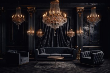 modern living room with dramatic black walls and an elegant chandelier. Generative AI