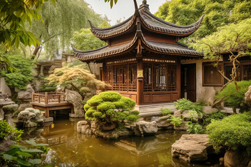 Serene Chinese Tea House with Beautiful Garden - generative AI