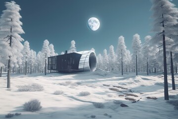 cozy winter cabin situated in a snowy forest. Generative AI