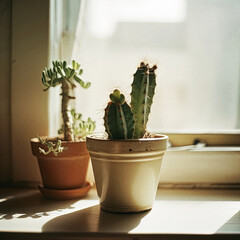 Small Cactus Plant on White Tabletop with Bright Natural Sunlight - generative AI