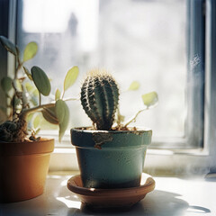 Small Cactus Plant on White Tabletop with Bright Natural Sunlight - generative AI
