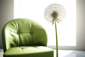 Green Chair and Dandelion in a Nature Setting. Generative AI