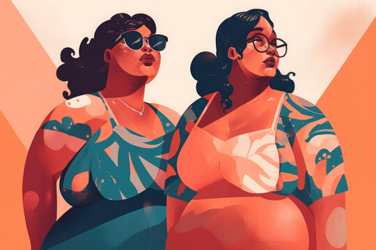 Generative AI illustration of two fat women with eyeglasses and summer outfit looking away while standing together against orange and white background