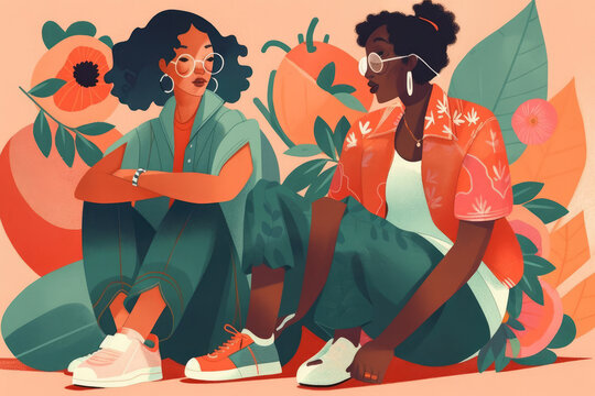 Generative AI illustration of multiracial female friends in casual outfit and with glasses sitting on ground and looking at each other in park