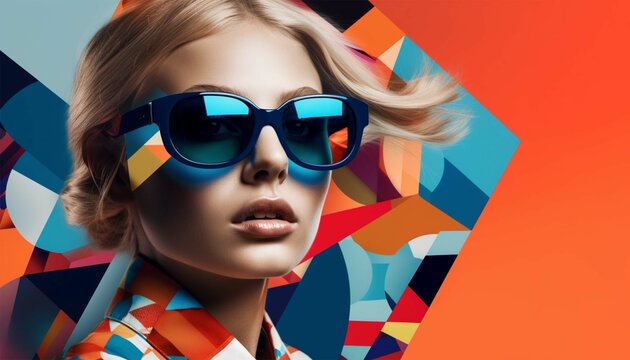 colorful magazine collage with a model in sunglasses on a bright multicolored geometric background. Generative AI