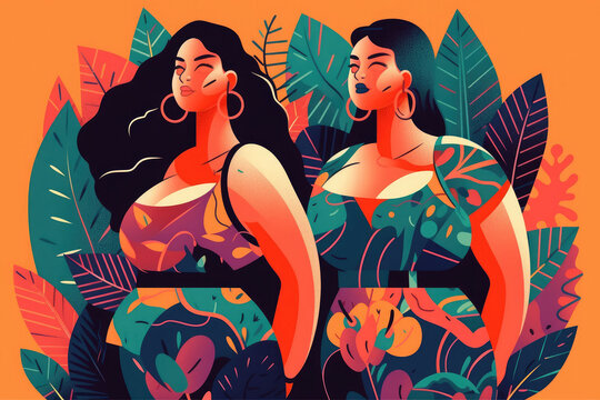 Generative AI image of women in summer clothes with nature patterns standing together near leaves on orange background