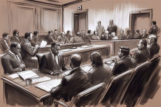 Illustration of a jury sitting in a courtroom, waiting to deliver a verdict. The jurors are depicted as a diverse group of individuals. generative AI