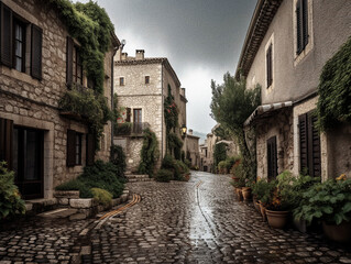 Rainy Day in a Saint Paul de Vence-style Village, France - generative AI