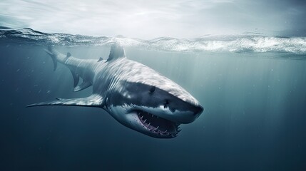 Fototapeta premium A large shark in the sea with ferocious teeth. Generative AI