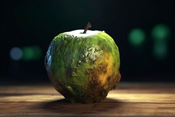 Rotten green  apple on a wooden table. Dim studio light. Generate AI.