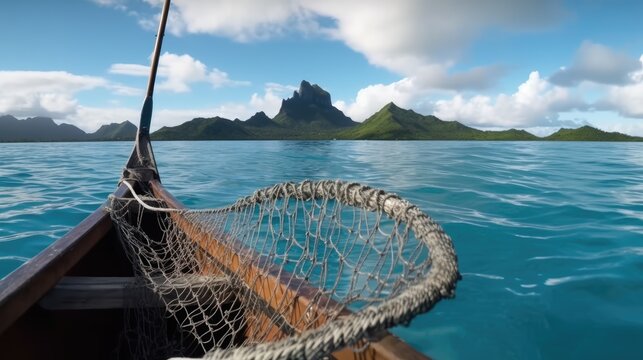 fishing with a handmade net in a traditional wooden canoe in the waters of Bora Bora, French Polynesia. Generative AI