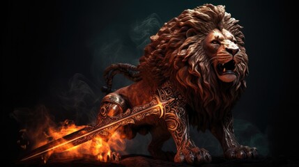 A sculpture of a majestic lion with a flaming sword. Generative AI